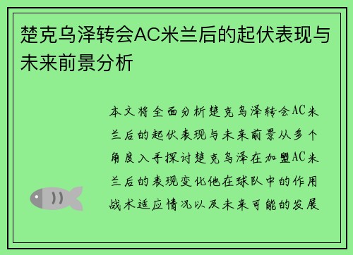 楚克乌泽转会AC米兰后的起伏表现与未来前景分析